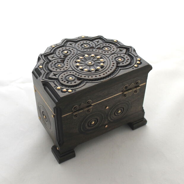 20405-3 Ukrainian Carved Hexagonal Walnut Wood Decorative Box Metal Beads 5"
