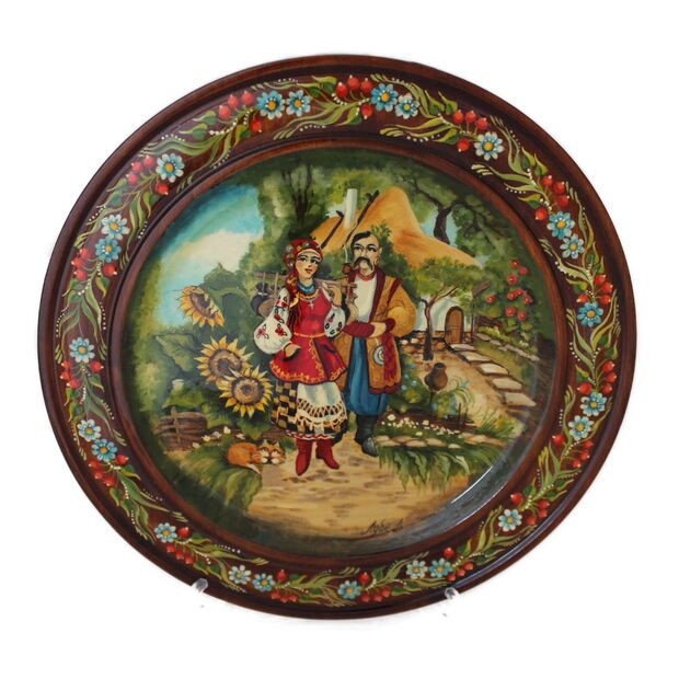 70002-021-1 Decorative Hand Painted Wooden Plate Ukrainian Folk Summer Scene 10"