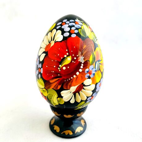 Decorative Hand Painted Floral 5 Wooden Pysanka Egg on Stand 3.25"